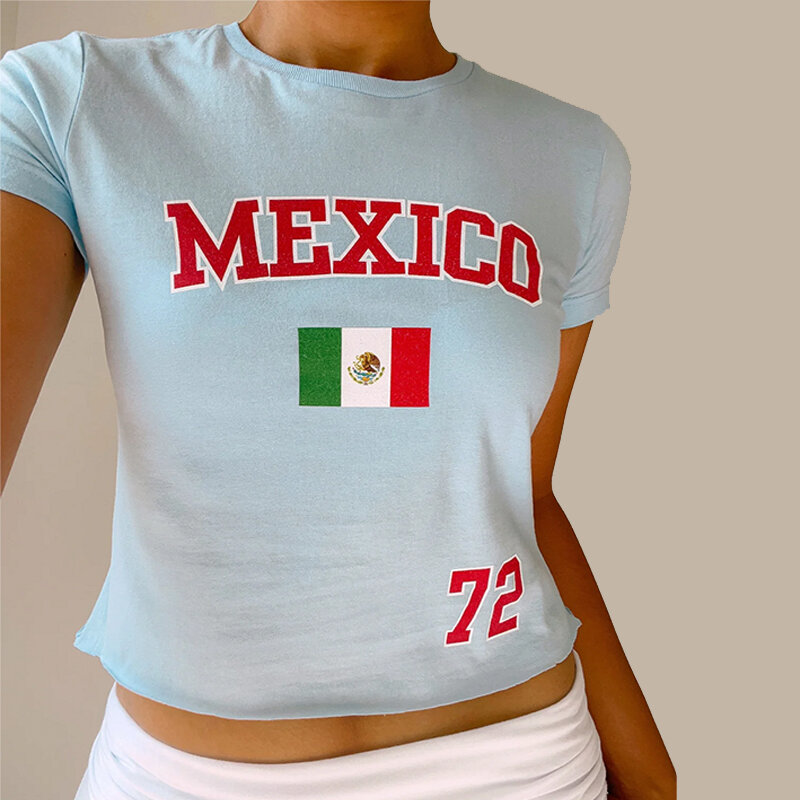 قميص نسائي كاجوال كلاسيكي ، طباعة حروف مكسيكية ، شارع مرتفع ، توب مثير ، ملابس رياضية عصرية ، حار ، مثير ، hatrigha ، قطع ، Y2K