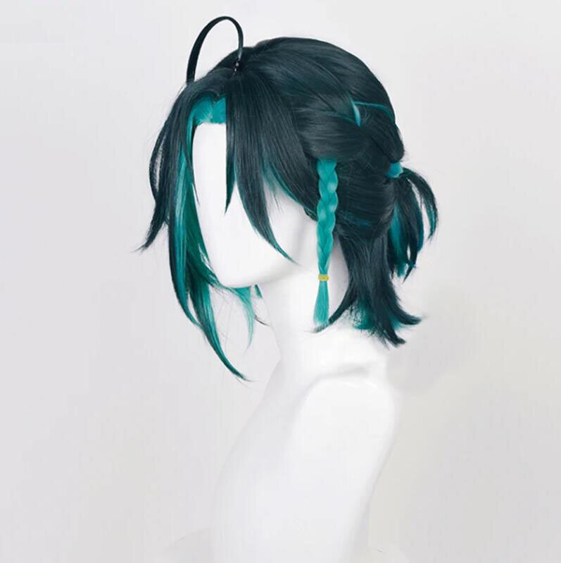 Baru Xiao Wig Cosplay Genshin Impact Cosplay pendek kepang hijau campur tahan panas rambut sintetis permainan Wig Anime