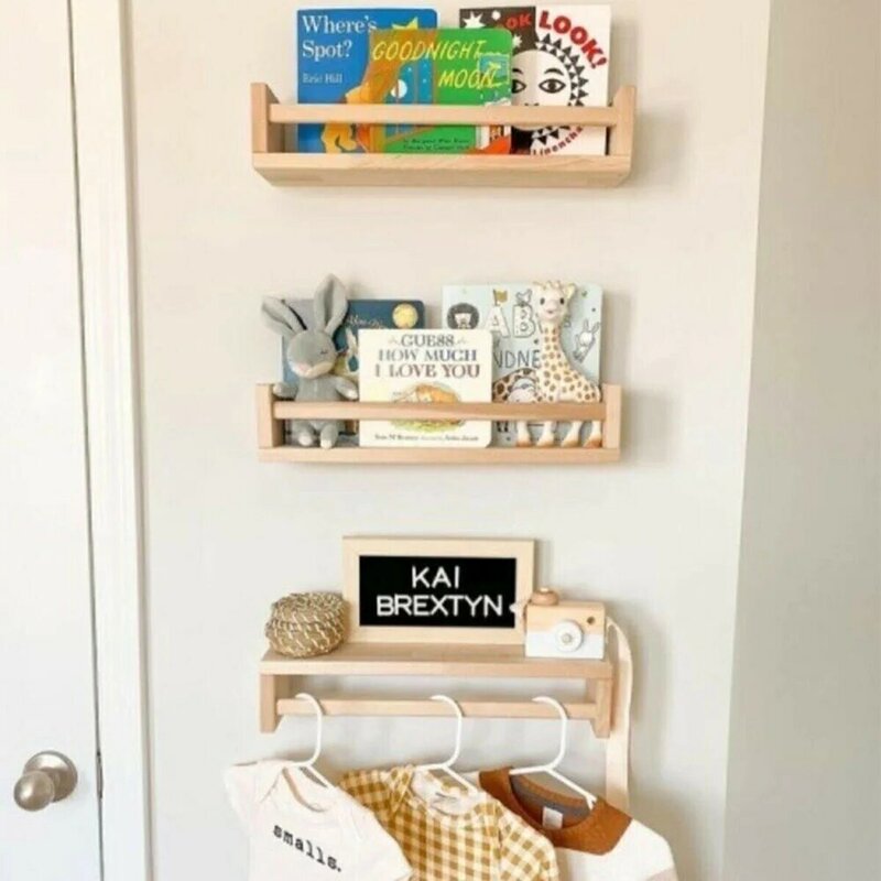 3 Pcs Bookcase Child Baby Room Wall Rack Wooden Organizer, Home Decoration Storage Wall-Mounted, Kids Room Decor Shelf