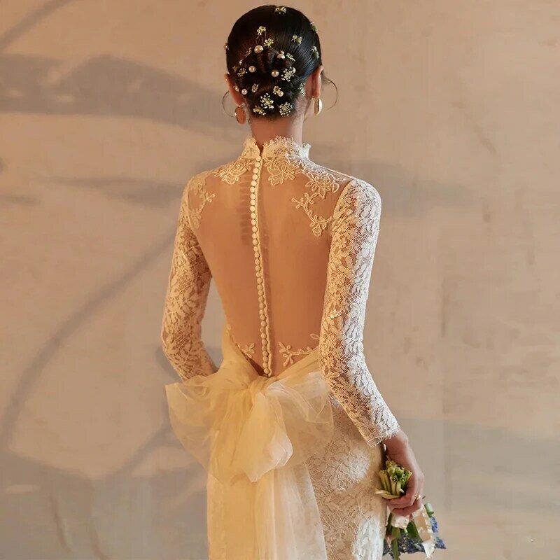 우아한 인어 보트 넥 긴 소매 보호 웨딩 드레스, 2023 신부 가운
