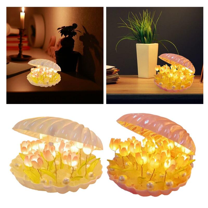 Suministros de luz nocturna DIY, lámpara de mesa de luz de tulipán de concha de Decoración LED para dormitorio, sala de estar, mesita de noche, regalo de cumpleaños