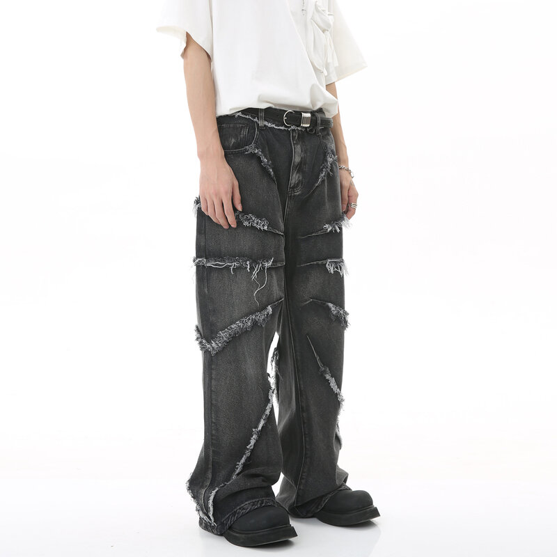 Celana jeans pria Eropa dan Amerika 2023, produk kepribadian tren hip-hop berjumbai longgar kaki lebar