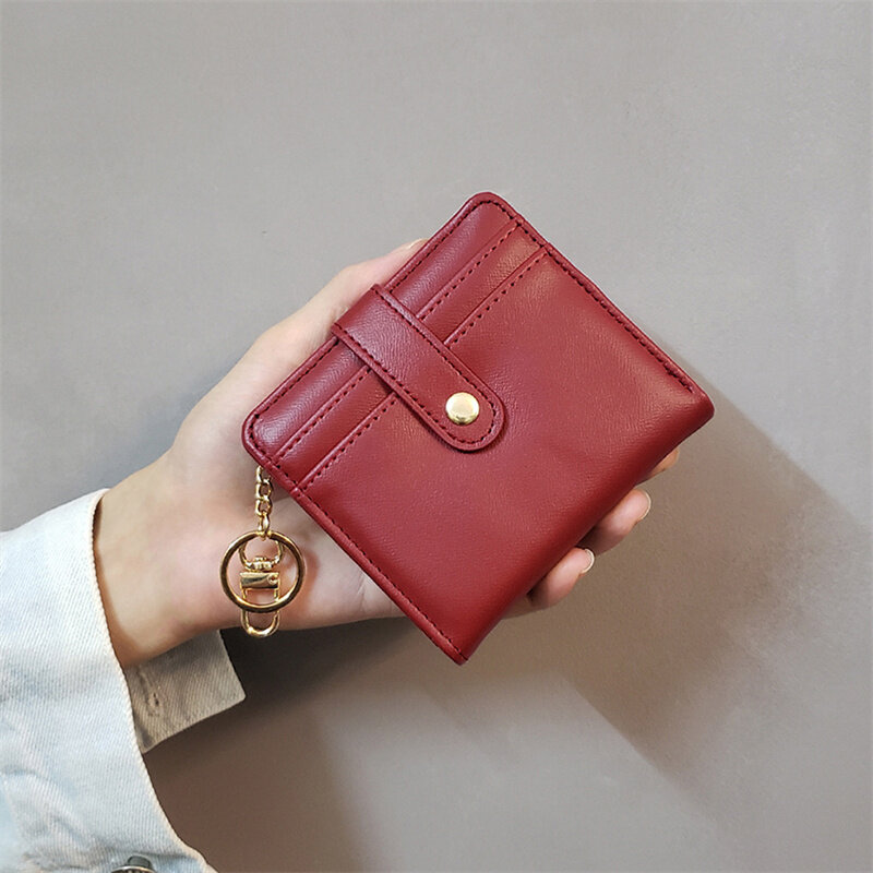 Coin Purse PU Women's Purses Short Thin Small Wallet Chic Metal Button Ladies Genuine Leather Card Holder Wallet Keychain