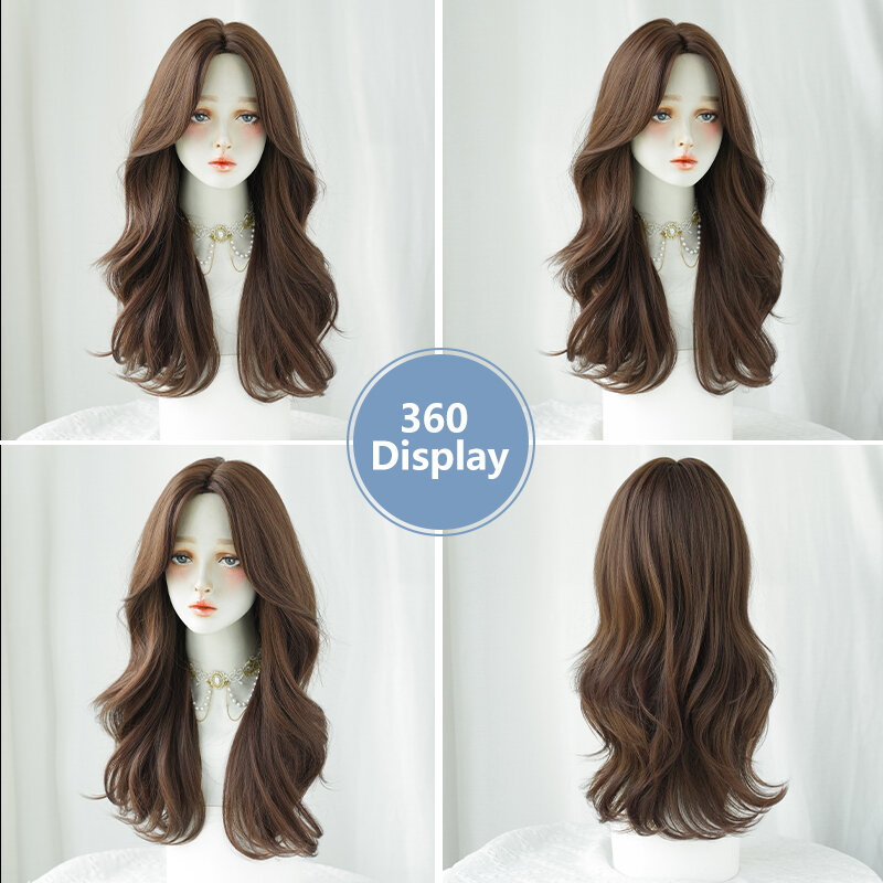 Wig 7JHH, Wig coklat bagian tengah berlapis sintetis untuk wanita kepadatan tinggi tubuh panjang bergelombang rambut coklat ramah pemula