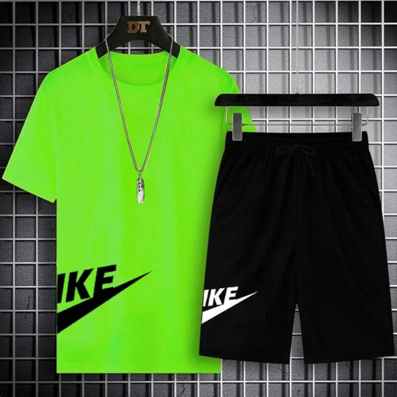 2023 Mens Summer Breathable Short Sleeve Tshirt and Short Two Piece Set Casual Sports Suit Fashion Men Set Loose Sportswear