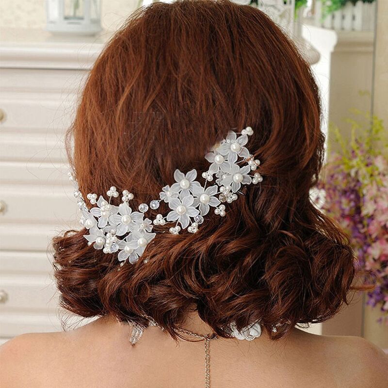 Red/White Flower Pearl U-shaped Hairpin for Women Bride Headdress Hair Sticks Wedding Hair Styling Jewelry Accessories