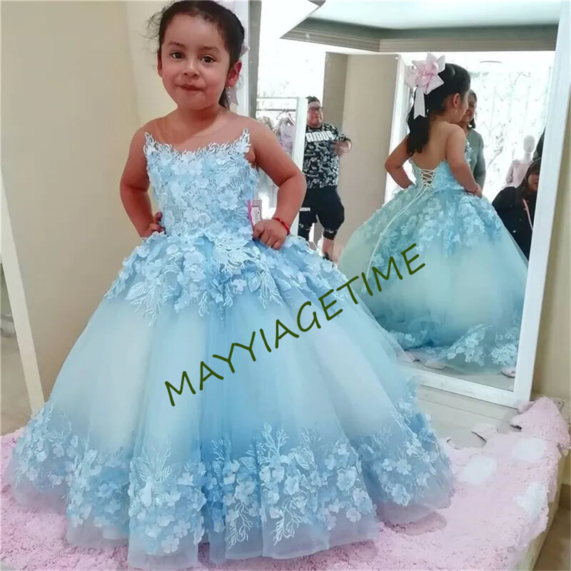 Koronkowe tiulowe sukienki księżniczki dla dziewczynek na wesela bufiaste kwiatowe dziecięce przyjęcie urodzinowe konkurs piękności pierwsza komunia suknie balowe