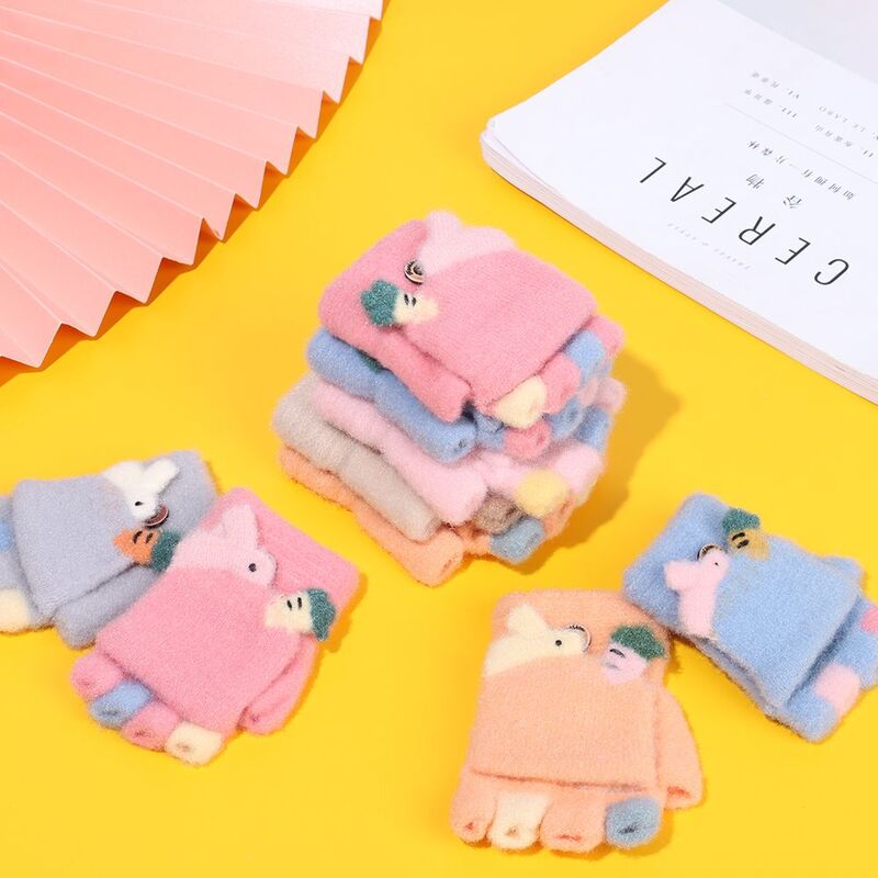 Children Autumn and Winter Thickened Warm Cartoon Animal Clamshell Soft Half Finger Cover Warm Gloves for Kids
