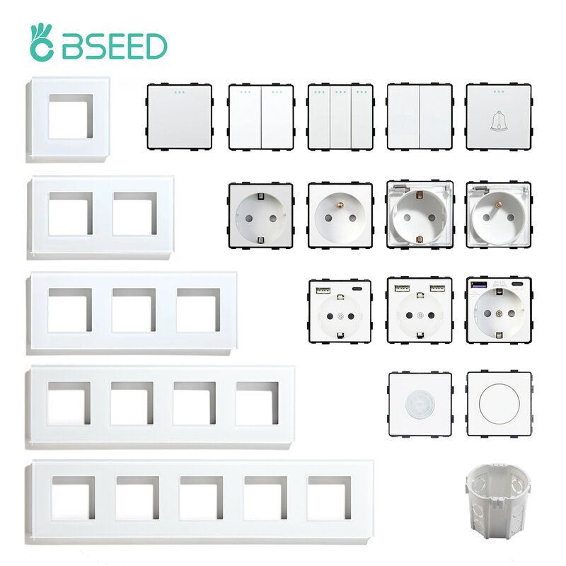 BSEED 1/2/3Gang 1/2Way Button Wall Switch Part Wall Socket Electrical Outlets Glass Frame DIY Module Part Free Combination White