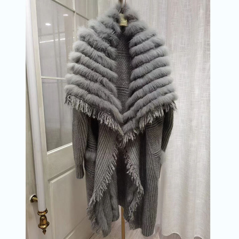 Abrigo de piel de zorro de talla grande para mujer, abrigo holgado de punto de manga larga, abrigos de lana elegantes europeos para otoño