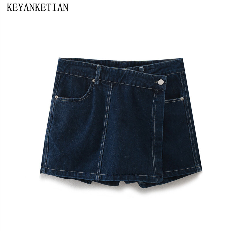 Keyanketian-Calção jeans azul escuro feminino, zíper assimétrico, cintura alta, reto, calça quente, estilo de rua, novo lançamento, 2022
