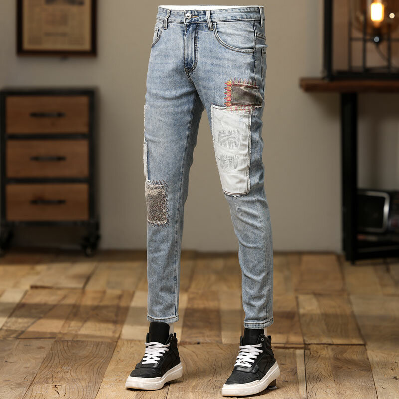 Джинсы мужские стрейчевые, модные рваные джинсы в ретро стиле, Стрейчевые брюки в стиле хип-хоп, синие, с заплатками