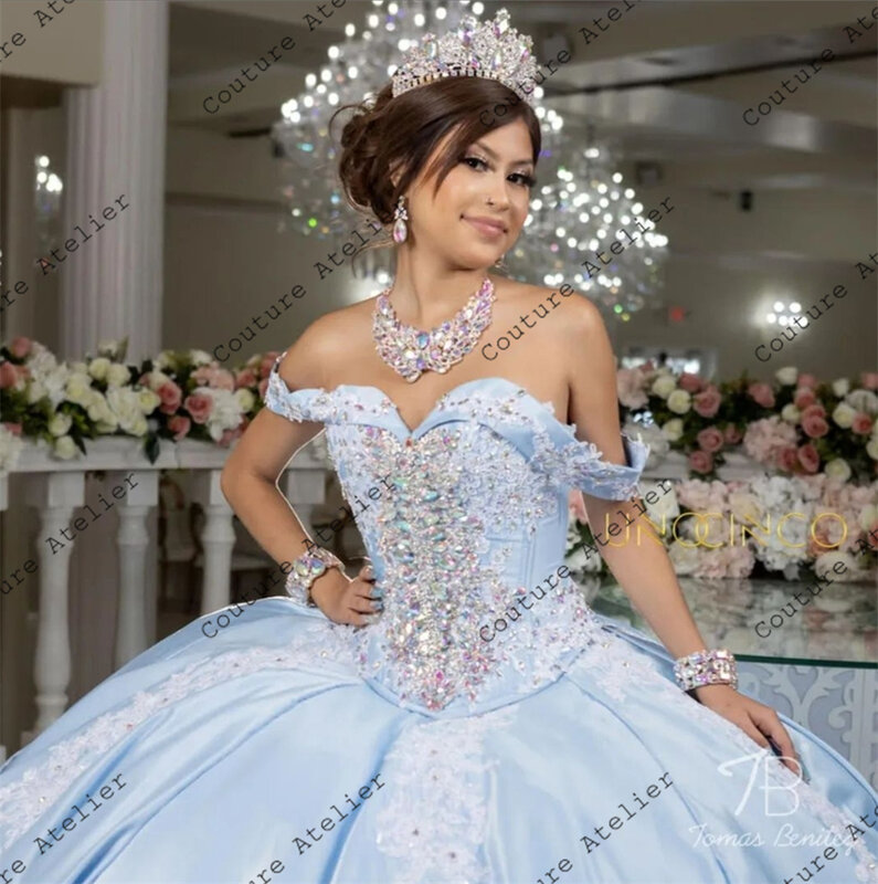 Sky Blue Satin Lace Applique Off The Shoulder Quinceanera Dresses Ball Gown 2024 Sweetheart Sweet 16 Dresses Wedding Gown