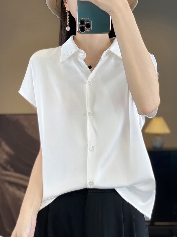 Oversize New Arrival Blouses With Short Sleeves Silky Satin Surface Women's Casual Shirts Top Solid Lady Clothing Fashion Trends