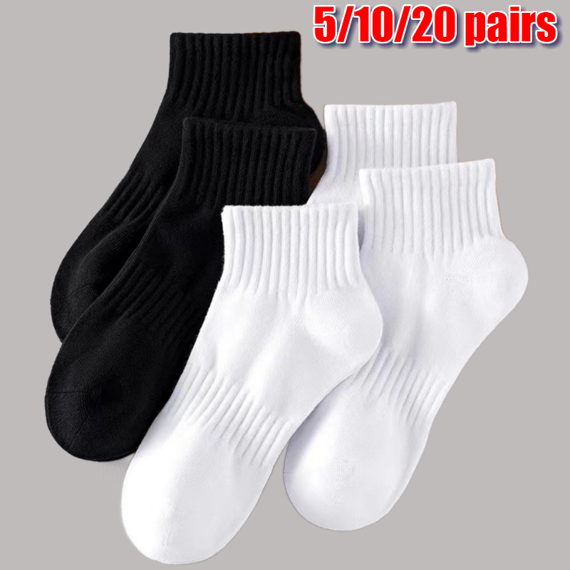 Kaus kaki pendek katun 10/20 hitam putih klasik, 5/95% pasang, kaus kaki tabung rendah mode tipis musim panas Anti bau, kaus kaki pergelangan kaki pria