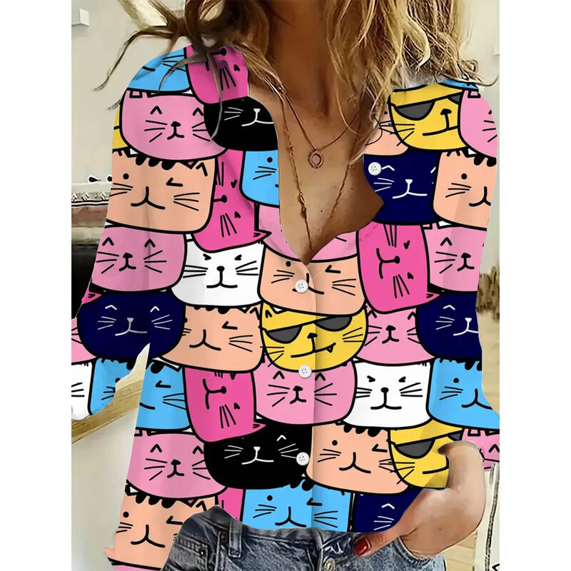 Camisa con estampado 3D de gato para mujer, blusa ajustada de manga larga, talla grande, informal, a la moda, novedad de verano, 2024