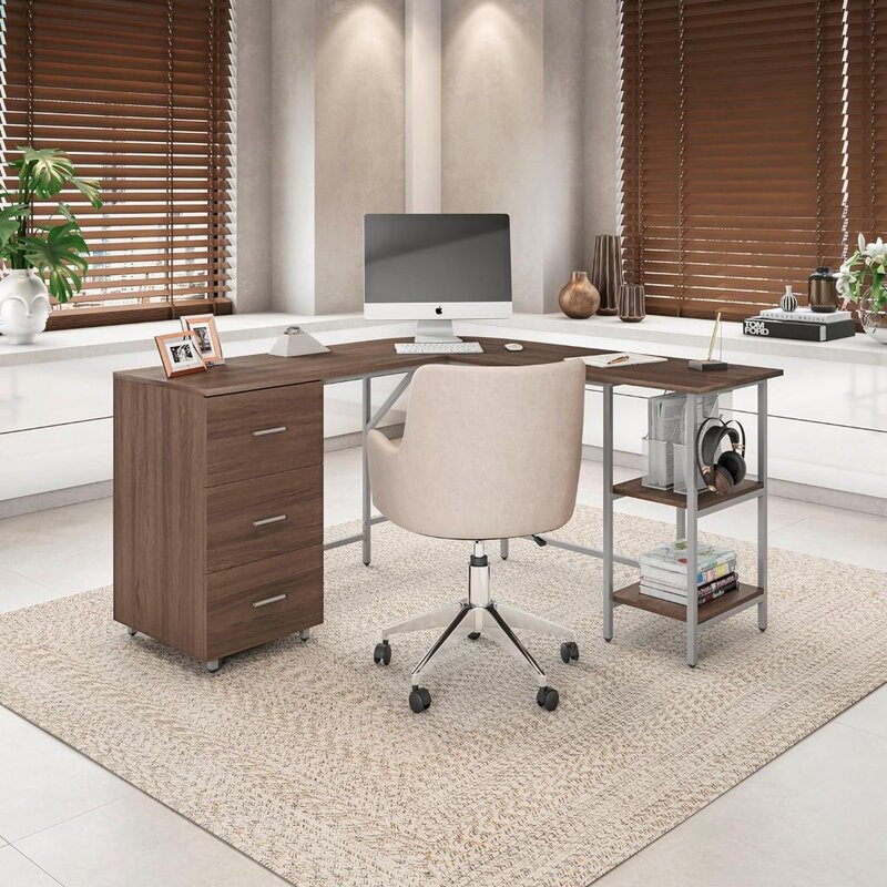 Bureau d'ordinateur bicolore en forme de L, étagères de rangement, meubles modernes simples, bureau à domicile