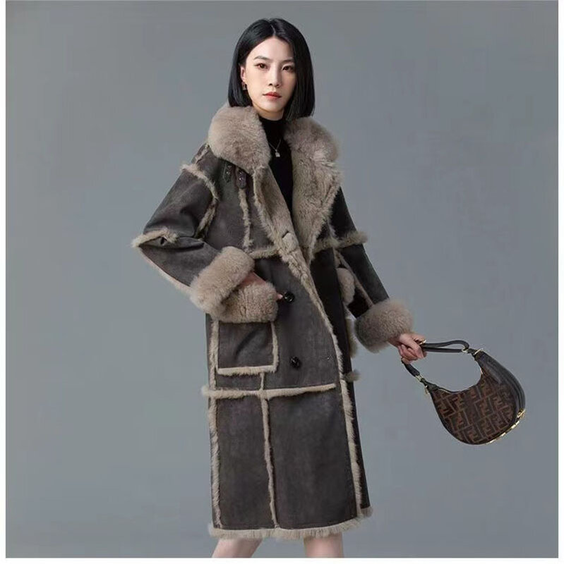 Chaqueta gruesa de piel sintética para mujer, abrigo largo de piel de oveja con forro de conejo, estilo europeo, de lujo, 2023