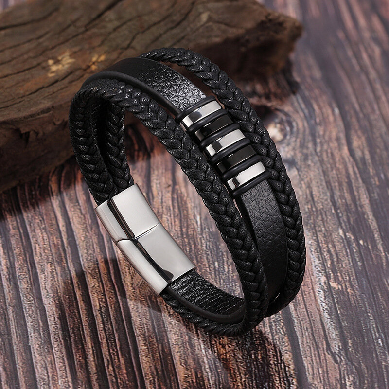 European and American Stainless Steel Leather Bracelet Men's Multilayer Braided Leather Bracelet
