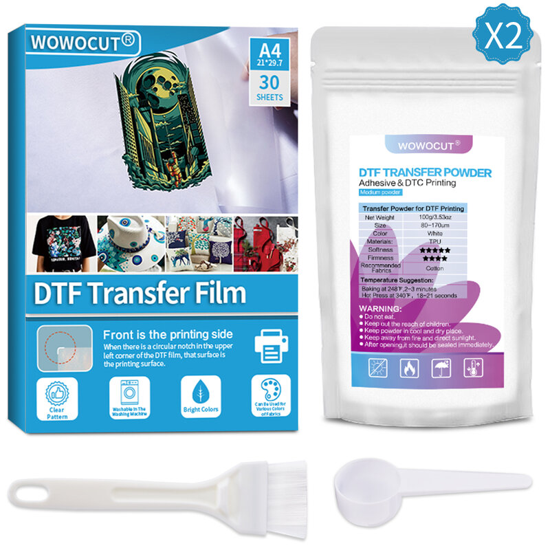 WOWOCUT-Película de transferencia de polvo DTF, sublimación DTF, 200G, polvo blanco y A4, 30 piezas, pretratamiento, papel de transferencia de hierro