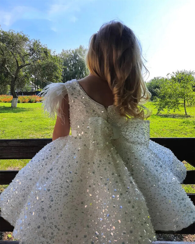 Childen's White Flower Girl Dresses Glitter Beads Feather Bow Evening Party Fluffy Skirt Ball Gown Communion Kid Toddler Tutu