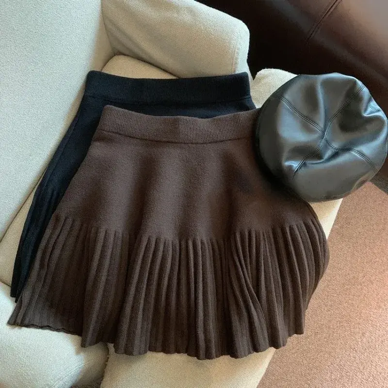 Falda plisada de cintura alta para mujer, ropa de punto de estilo Preppy, línea A, Invierno