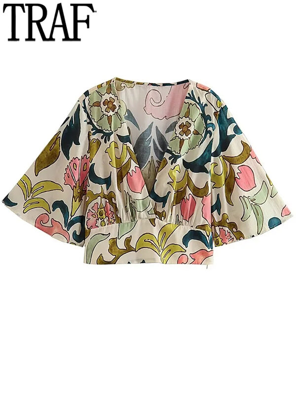 Укороченный топ с принтом TRAF, женские летние блузки с коротким рукавом, модная винтажная блузка в стиле бохо, уличная одежда, укороченная бл...