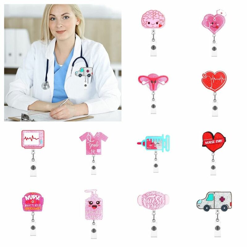 Love Heart Nurse gulungan lencana yang dapat ditarik akrilik pil dingin pemegang kartu nama klip kartu kerja 360 klip buaya berputar