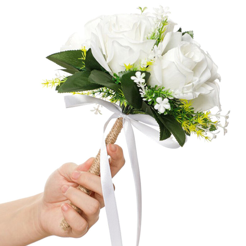 Buket sutra pernikahan memegang bunga buatan alami mawar pernikahan buket putih sampanye pengiring pengantin pesta pengantin