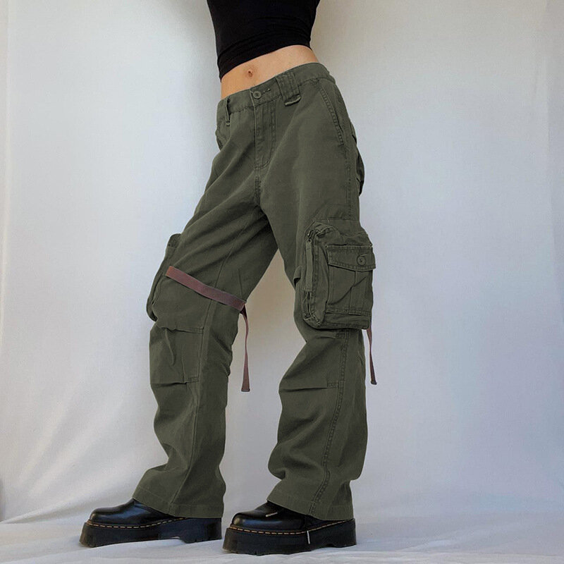 Женские осенние брюки-карго, повседневные брюки с заниженной талией и карманами, Женские винтажные свободные однотонные прямые брюки, уличная одежда