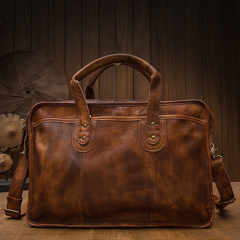 Maleta de couro genuíno vintage artesanal, bolsa de negócios, grande capacidade, viagens, bolsas ao ar livre couro de couro