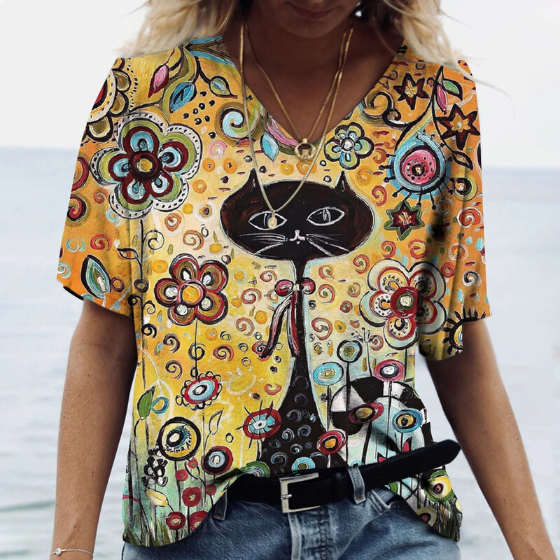 Kaus Wanita leher V longgar lengan pendek, pakaian cetak 3d grafik kucing Kawaii atasan lengan pendek kasual musim panas