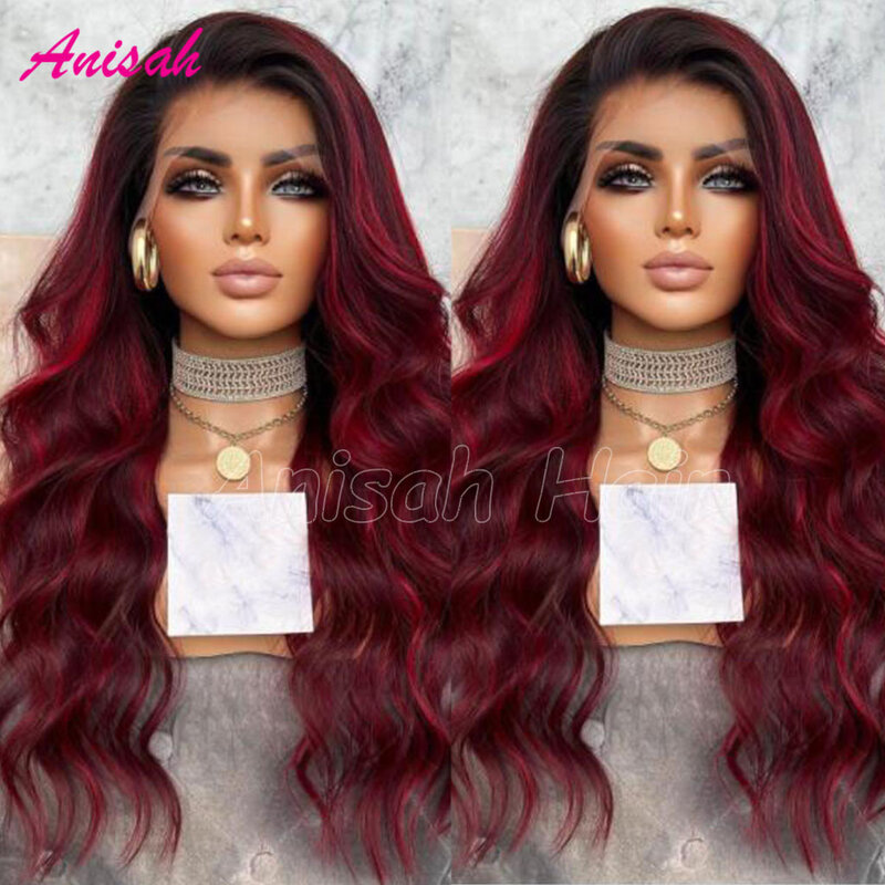 Ombre Red Human Hair Wigs Brazilian Body Wave 1B/Burgundy Lace Front Wigs Glueless HD Transparent Lace Wigs For Women