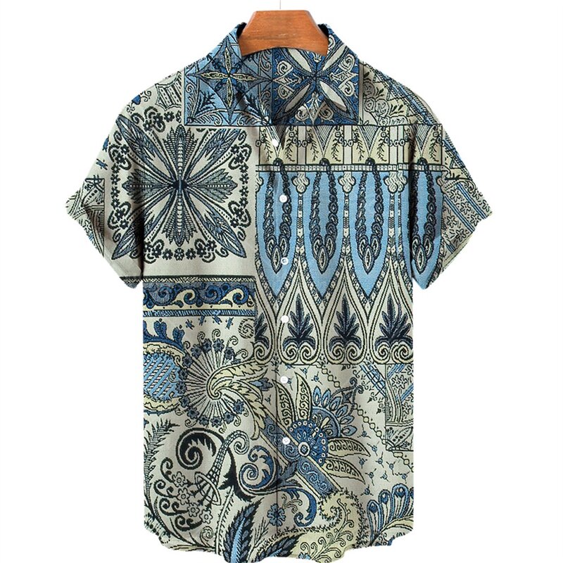 Men's ethnic personalized printed pattern casual short-sleeved shirt men's button-up top