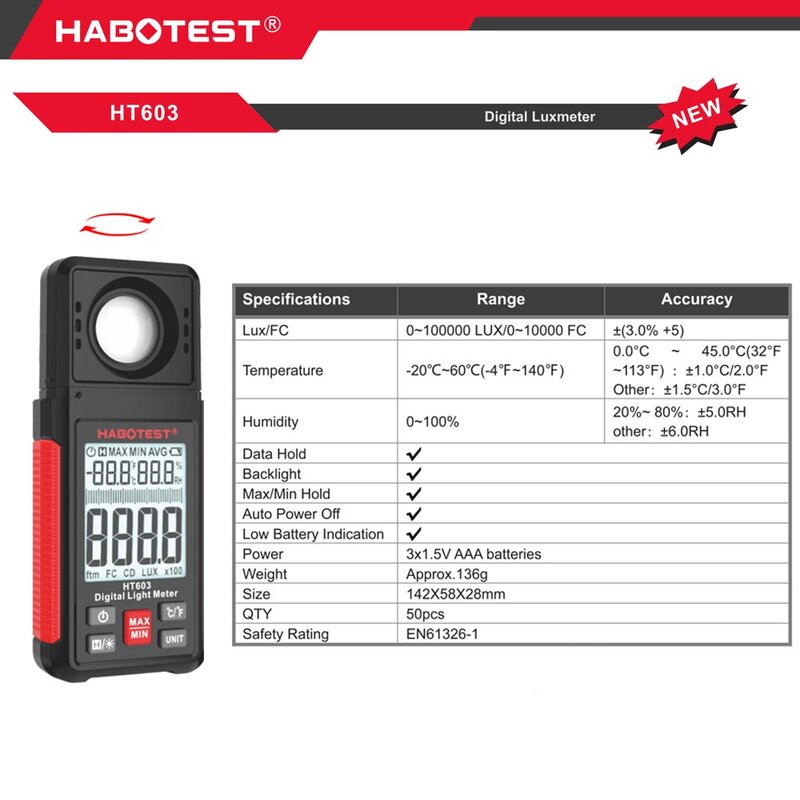 1pc HABOTEST HT603 cyfrowy Luxmeter miernik oświetlenia Lux Tester miernik światła analizator dla Home School Office