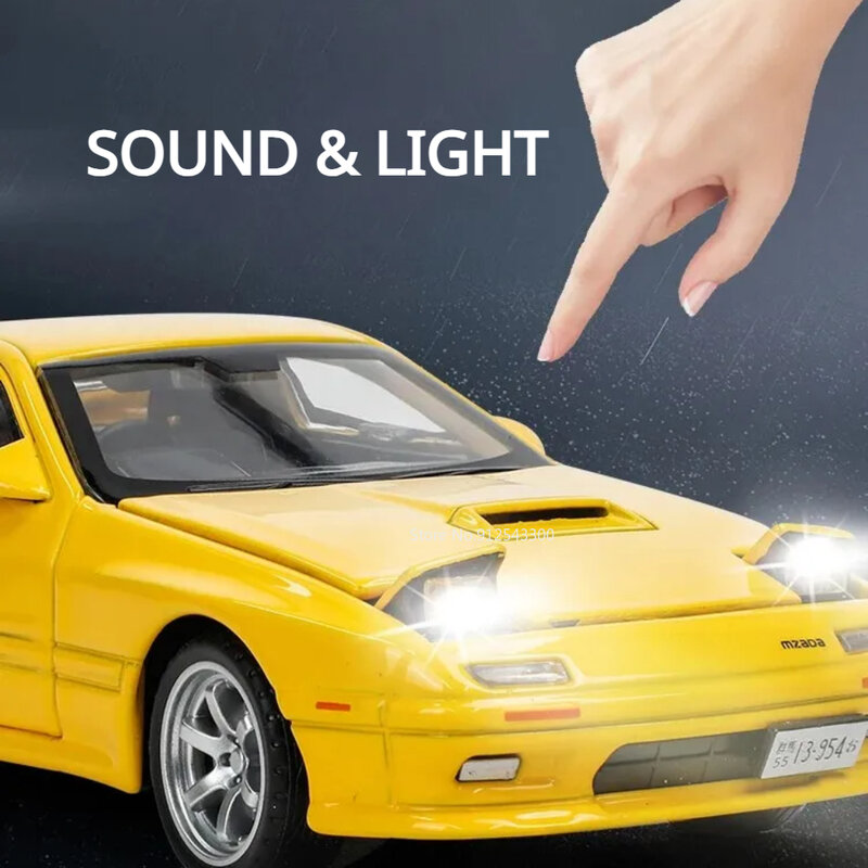 1/32 INITIAL D Mazda RX-7 Alloy Diecast Toy Sports Car Model Sound Light Shock Absorption Vehicle Models for Boys Birthday Gifts