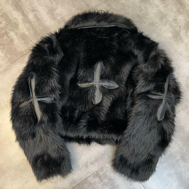 2023 Winter Women Jacket Lapel Long Sleeve Patch PU Cross Fur Cotton Coat