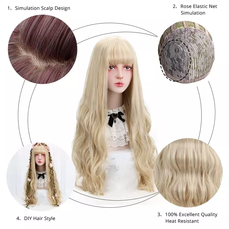 ACAG Long Wavy Synthetic Blonde 32" Cosplay Lolita Hair Wigs with Bangs for Women Costume Party High Temperature Fiber