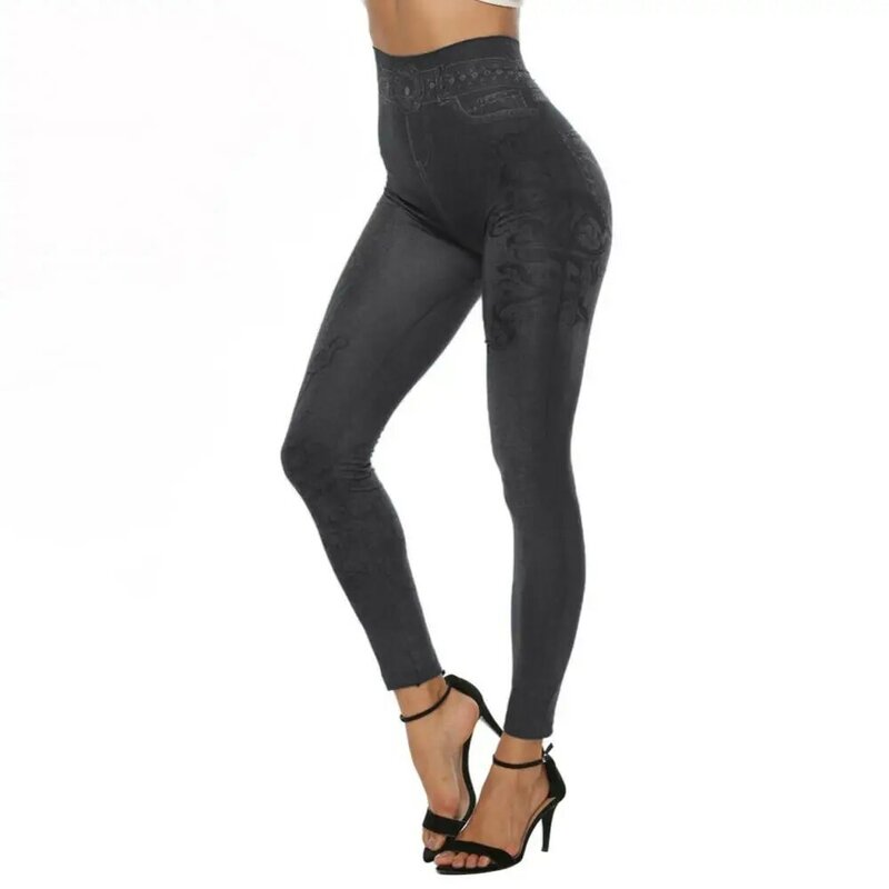 2023 Frauen dehnbare schlanke Imitation Jeans hohe Taille dünne Bleistift hose Sport Leggins