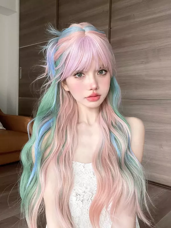 Wig sintetik multiwarna pelangi warna-warni 28 inci dengan Wig panjang alami bergelombang rambut palsu untuk wanita Cosplay tahan panas