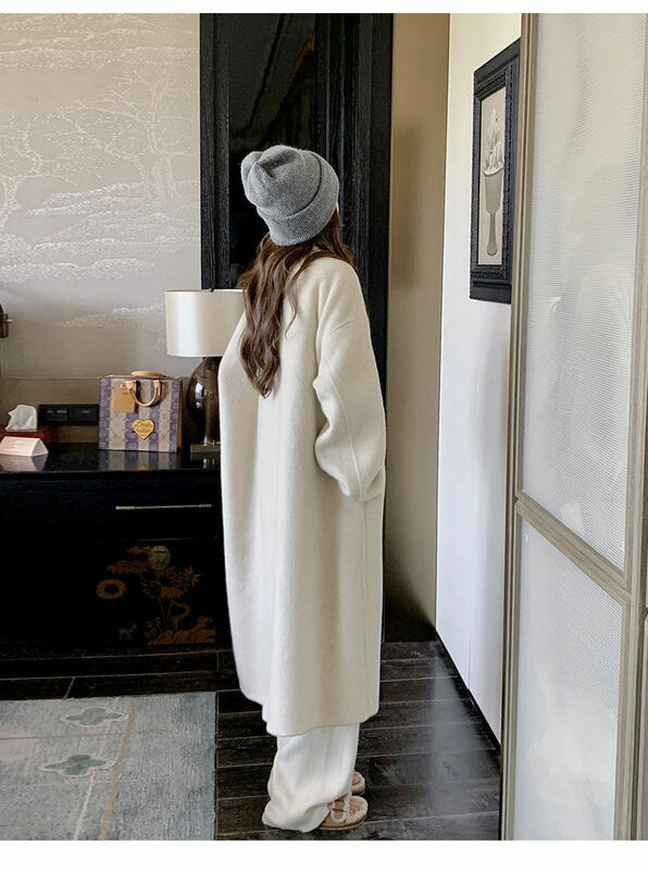 Vanovich Frauen Herbst und Winter neuen koreanischen Stil langen Woll mantel einfarbigen zweireihigen gekerbten lässigen losen Mantel