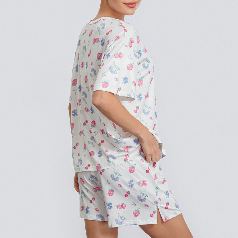Conjunto de pijama feminino com estampa de morango, gola redonda, tops soltos de manga comprida, calça elástica na cintura, loungewear verão, 2 peças