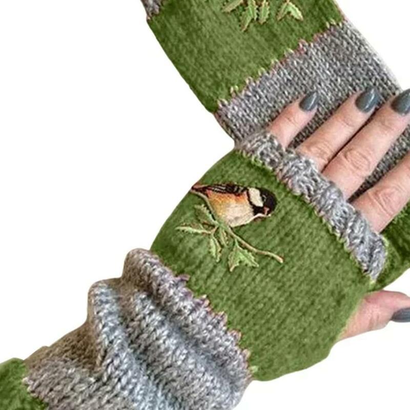 Sarung tangan musim dingin wanita sarung tangan rajut lembut bordir burung imut sarung tangan tanpa jari hangat untuk kerja kantor komputer X0g2