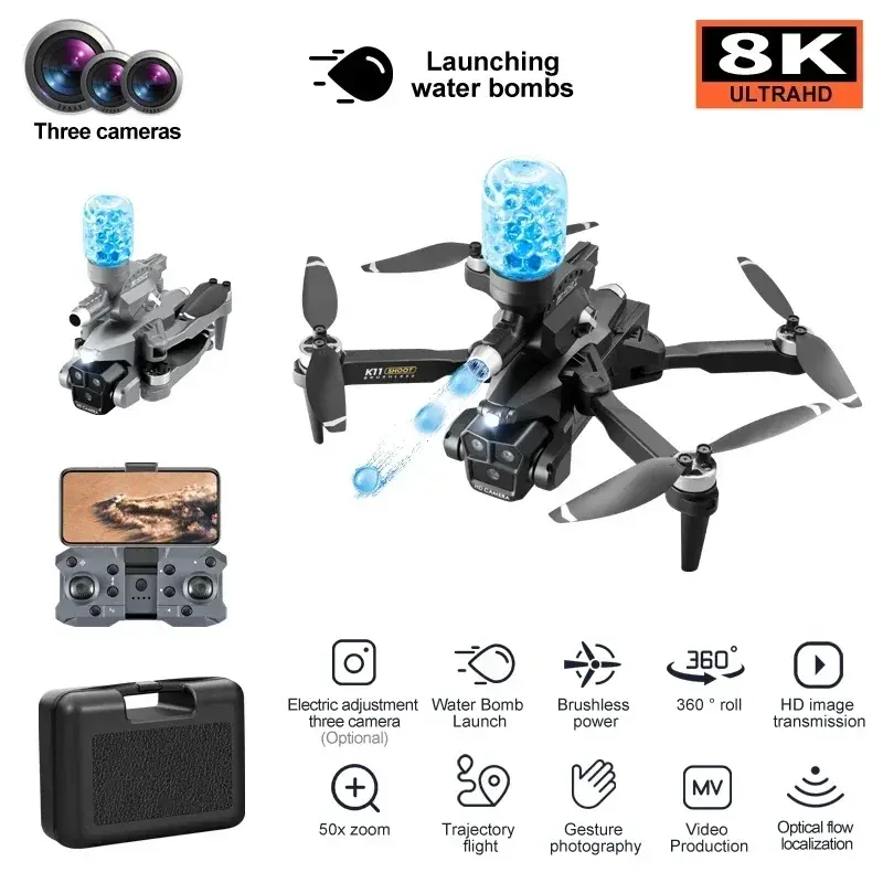 GEETHA K11 MAX 2.4G Drone 8K HD Foldable FPV ESC RC Tripple Camera Optical Flow Positioning Brushless Lauching Water Bombs