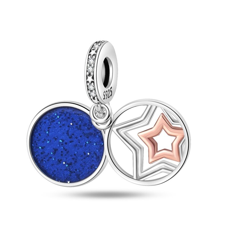 Abalorio doble artístico de Plata de Ley 925, compatible con pulsera Pandora, estrella, planeta, trayectoria, regalo de joyería de aniversario de amor para mujer