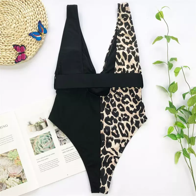 Leopard Bikini V-Ausschnitt Badeanzug schwarzer Gürtel Patchwork hohe Taille einteilige sexy offene Rücken Bade bekleidung Frauen Strand Outfit Bikinis Sets