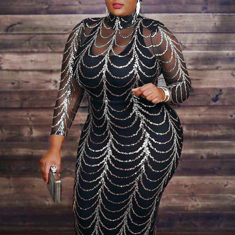 Plus Size Dresses Silver Tight Skirt Long Sleeve See-through Maxi Dress