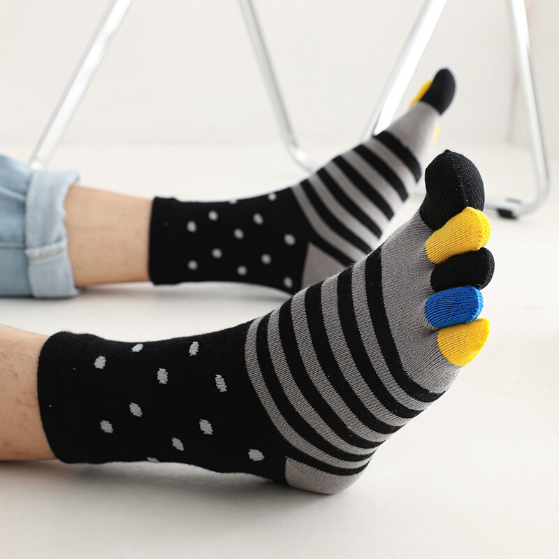 Носки мужские с пятью пальцами, хлопковые разноцветные деловые амортизирующие носки в полоску и горошек, в стиле пэчворк, большие размеры