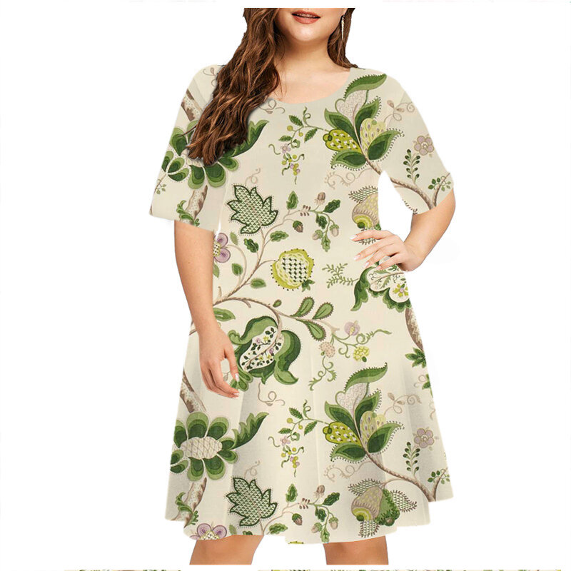 6XL Plus Size Sundress Plant Flowers 3D Print Loose Dress Women Short Sleeve Summer Casual A-Line Dress Ladies Party Vestidos