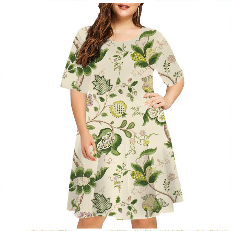 6xl plus Größe Sommerkleid Pflanze Blumen 3D-Druck lose Kleid Frauen Kurzarm Sommer lässig A-Linie Kleid Damen Party Vestidos